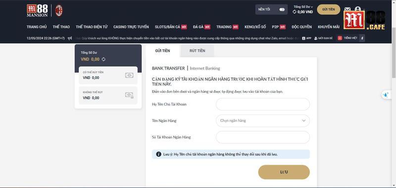 Các bước gửi tiền vào tài khoản nhà cái M88